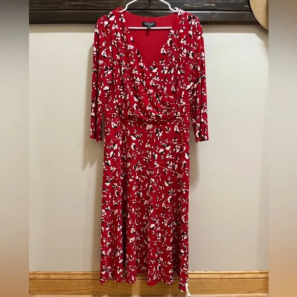 Lauren Ralph Lauren Red Floral Faux Wrap Jersey Dress Size 12 - Picture 10 of 15